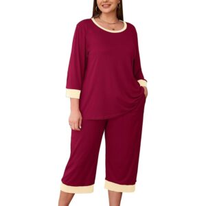 AusLook Women’s Plus Size Pajama Sets Burgundy 2X Soft 3/4 Sleeve Nightwear Top and Capri Pants Lounge Set with Pockets -50%