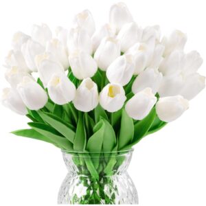 U'Artlines 30Pcs Fake Tulips Artificial Flowers with Stems Faux Tulips Bouquet Real Touch Flower for Wedding Home Kitchen Spring Easter Mother's Day Floral Arrangement Decor (White) -57%