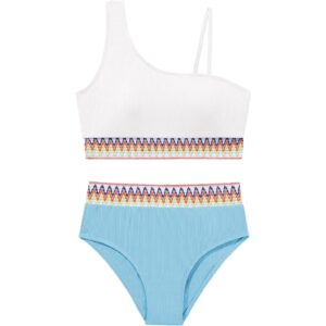 Weixinbuy 女生泳装 2件套比基尼套装 色块泳装 可调肩带 女生泳衣 7-8 -50%