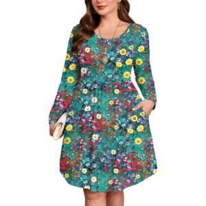 AusLook Women's Plus Size Long Sleeve Midi Dress Crewneck Casual Empire Waist Loose Flowy Dresses A-Line Boho Party 2025 Fall Winter Long Oil Paint Petals 2X Dress with Pockets -50%