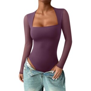 PINKMSTYLE Long Sleeve Bodysuit for Women Square Neck Mesh Going Out Tops Date Night Outfit Purple XX-Large -50%