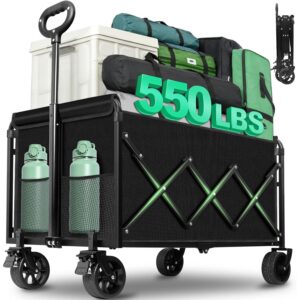 Upgraded Heavy Duty Foldable Wagon – 550LBS Capacity, All-Terrain Wheels & Brakes, Large Collapsible Cart for Beach, Camping, Grocery & Sports (Black) -35%