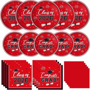 Graduation Plates and Napkins 2026 Grad Party Supplies, Class of 2026 Congrats Grad Disposable Paper Plates Cocktail Napkins Set for 2026 Red Black Graduation Party Decorations Sets, Serve 50 -55%