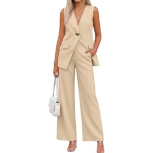 KIRUNDO Pant Suits for Women Dressy 2 Piece Business Casual Outfits Summer Sleeveless Blazer Vest Wide Leg Pantsuit Sets(Beige, Large) -71%