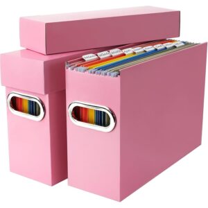 Naleyber File Organizer Box with Lid & Handle, Thickened Cardboard Hanging File Folder Storage Boxes for Letter Size, Portable Filing Organizer for Office, Home, Classroom, Pink 2 Pack -50%