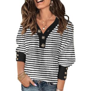 Soesdemo Womens Oversized Sweater Striped Warm Cozy Chunky Soft Knitted V Neck Button Up Pullover Tunic Sweaters WhiteB S -50%