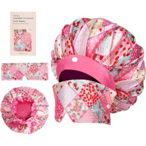 Vettres Pleated Silk Sleeping Bonnet with Eye Mask Double Layer Satin Hair Bonnets Sleep Cap for Curly Natural Hair Pink Strawberry -30%