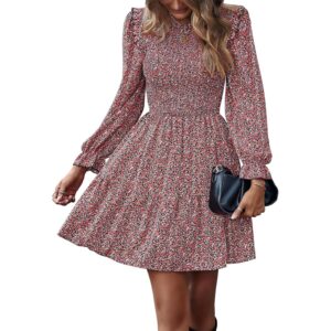 KIRUNDO Long Sleeve Dress for Women 2025 Summer Fall Wedding Guest Smocked Floral Crewneck Ruffle A Line Flowy Mini Dress Wine Red -52%