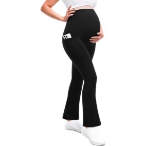 Leafigure孕妇喇叭裤带口袋，适合锻炼，柔软孕期运动服，黑色L -50%
