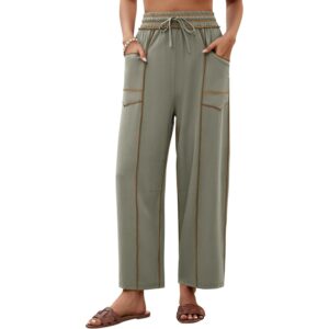 grewley Womens Linen Barrel Pants Baggy Wide Leg Pants Summer Palazzo Drawstring Waist Pants with Pockets Casual Dusty Green M -75%