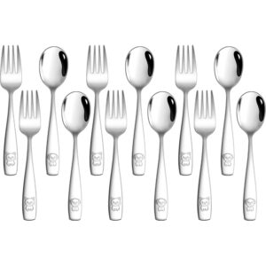 LIANYU 12 Pieces Kids Silverware Set, Stainless Steel Toddler Utensils, Food Grade Toddler 6 Forks and 6 Spoons for Self-Feeding, Metal Kids Cutlery Set with Cute Pattern, Dishwasher Safe -50%