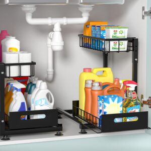 L-Shaped Under Sink Organizer, 2 Pack 2-Tier Pull Out Metal Kitchen Cabinet Organizer with Sliding Storage Drawer, Height Adjustable Heavy Duty Under Bathroom Sink Storage for Cleaning Supplies -40%