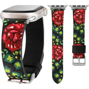 Moolia Floral Leather Band Compatible with Apple Watch Band 42/41/40/38mm Women, Cute Romantic Vintage Rose Pattern Strap for iWatch Series 11 10 9 8 7 6 5 4 3 2 1 SE/Ultra(1/2/3), Black/Red -50%