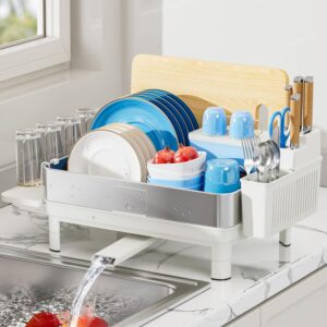 Ewaiira Dish Drying Rack, 304 Stainless Steel Dish Racks for Kitchen Counter, Dish Drainers with Automatic Drainage, Utensil Holder & Cups Holder, Space Saving Kitchen Organizer, White  -64%