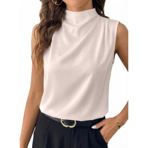 BLENCOT Women Tank Tops Mock Neck Pleated Summer Camisole Sleeveless Casual Blouses Dressy Loose Fit Going Out Business Fashion Cami Work Shirts Medium Beige -60%
