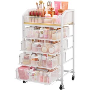 可移动化妆品收纳推车(4抽屉/金属/白色/带轮/大容量) 45%OFF