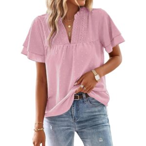 Aprolive Women Dressy V Neck Blouses Butterfly Ruffle Short Sleeve Shirts Cute Dressy Swiss Dot Trendy Tunic Top (Pink, S) -45%