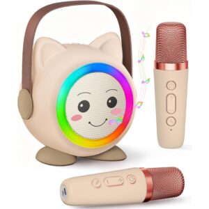 Mini Karaoke Machine Toy for Kids, Portable Karaoke Machine with 2 Wireless Microphone for 4,5,6,7,8,9,10,11,12+ Years Old Christmas Birthday Gifts Girls Boys (Beige)  -57%