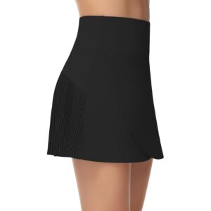 THE GYM PEOPLE 女士高腰网球裙交叉裙摆后褶高尔夫裙带内短裤黑色 -41%