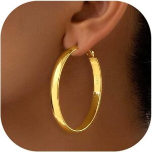 DHZJTSL 5mm Wide Gold Hoop Earrings for Women, 14K Gold Plated Hypoallergenic Big Chunky Hoop Large Earrings Lightweight Jewelry for Women-50mm -50%