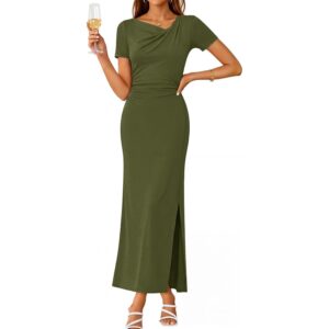 MEROKEETY Women's Summer Wedding Guest Dress Formal Short Sleeve Ruched Side Slit Bodycon Cocktail Party Long Dresses, ArmyGreen, Large -60%