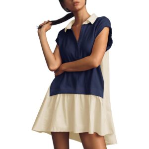 Fisoew Womens Casual Short Sleeve Dress Summer V-Neck Loose Patchwork Sweatshirt Mini Dress Navy -53%