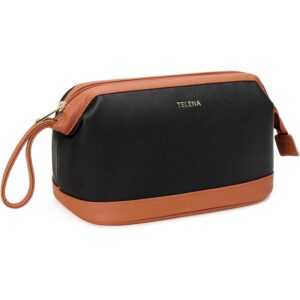 Telena Makeup Bag Large Capacity Travel Cosmetic Bag Portable PU Leather Water Resistant Makeup Organizer Bags for Women with Handle and Divider Open Flat (3-Black with Brown) -48%