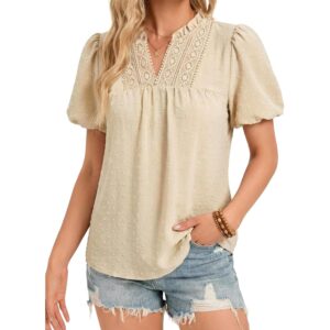 Funlingo Womens Tops Puff Sleeve V Neck Dressy Casual Blouses Summer Flowy Swiss Dot Boho Babydoll Short Sleeve Shirts Trendy Clothes 2026 Beige 2XL -62%