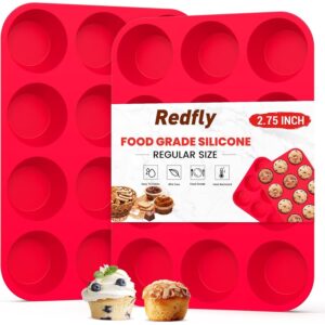 Redfly 2罐装硅胶松饼模烘焙和杯子蛋糕模——12杯常规硅胶模具，无BPA蛋咬模具 -55%