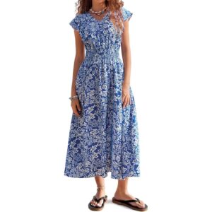 女装夏季连衣裙，休闲花卉波西米亚长裙，飘逸袖长飘逸海滩度假夏日裙（蓝白，L）-62%