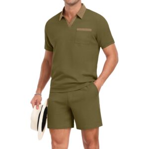 PrinStory 男士夏季运动服华夫针织Polo衫和短裤套装休闲两件套带口袋服装橄榄绿-2XL -45%