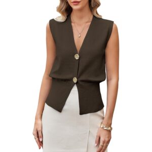GUOLEZEEV Womens Sweater Vest Button Up V Neck Knit Vest Tops Sleeveless Cardigan Sweaters Tank Top Coffee L -67%
