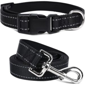Jumpress Soft Neoprene Padded Dog Collar and Leash Set for Small Medium Large Dogs, Reflective Durable Nylon Dog Collar with 5ft Leash Easy for Walking, Black,Neck fit 14.0-23.5’’ -50%