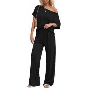 KIRUNDO Lounge Sets for Women Airport Travel Outfit 2026 Summer Off the Shoulder Tops Wide Leg Pants 2 Piece Matching Set(Black, Medium) -70%