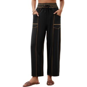 grewley Womens Linen Barrel Pants Baggy Wide Leg Pants Summer Palazzo Drawstring Waist Pants with Pockets Casual Black L -75%