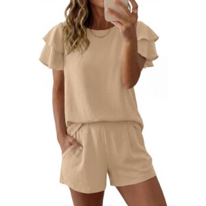 KIRUNDO 2 Piece Sets For Women Summer Ruffle Short Sleeve Top Elastic Waist Pants Matching Lounge Set Vacation Travel Outfits(Khaki, Small) -69%