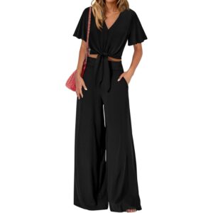 PRETTYGARDEN Women 2 Piece Summer Outfits Short Sleeve Strappy Top Wide Leg Pants Tracksuit Lounge Sets Beach Clothes(Black,Small) -53%