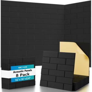 8 Pack Brick Acoustic Panels with Self Adhesive, 16" x 16" x 0.4" High Density Sound Absorbing Foam Panels for Walls, Noise Reduction for Home Studio & Office – Black -50%