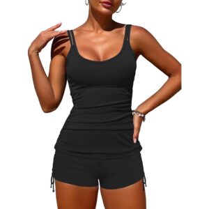 ZAFUL Tankini 女装泳衣 黑色修身泳衣 褶皱背心 两件套全覆盖 修身泳衣配高腰短裤 黑色 L -50%