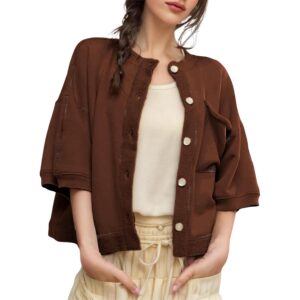 QIBABU Womens Button Down Cardigan Casual Open Front 3/4 Sleeve Crewneck Sweatshirt Tops(2142-Brown-XS-QB) -44%