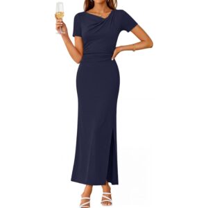 MEROKEETY Women's Summer Wedding Guest Dress Formal Short Sleeve Ruched Side Slit Bodycon Cocktail Party Long Dresses, Navy, Medium -60%
