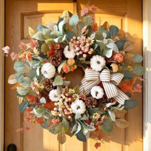 WANNA-CUL 24 Inch Farmhouse Fall Wreath for Front Door with White Pumpkin -50%