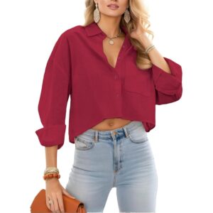 JINKESI Button Down Shirts & Blouses for Women Long Sleeve Slim Fit Office Casual Business with Pocket 100% Cotton Wine Red -50%
