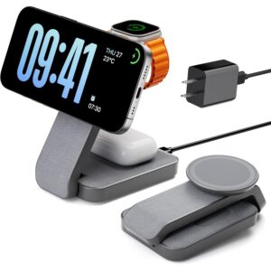 适用于 MagSafe 的 Eazpower 3 合 1 可折叠无线充电站、适用于 iPhone 17 16 15 14 Pro Max 的床头柜磁性充电器支架、适用于 Apple Watch/AirPods 的带夜灯的旅行充电底座(灰色) 3 in -40%