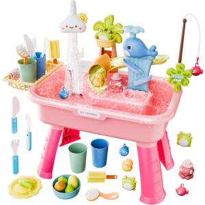 Cosminy 2026 Upgraded Water Table for Toddlers 1-3, Kids Play Sink with Running Water, Toddler Kitchen Sink Toy with Pump, Fishing Game & Sensory Water Play Toys for Boys Girls (Pink) -65%