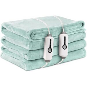 LaffyLo Electric Heated Blanket Queen Size 84" x 90", Soft Flannel Heating Blanket with Dual Controls, 4 Heat Settings, 10-Hour Auto Shutoff, Overheat Protection, Machine Washable, Light Green  -63%
