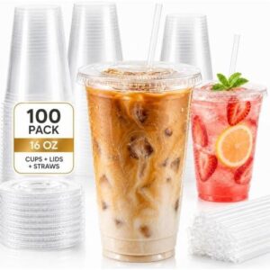 100包16盎司透明塑料杯，带盖和吸管 50%OFF