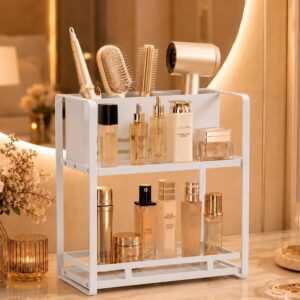 SanDream Hair Tool Organizer Bathroom Countertop, 2-Tier Metal Bathroom Organizer with Blow Dryer Holder, Large Capacity Space-Saving Vanity Shelf for Perfume, Skincare & Makeup Storage (White)  -50%