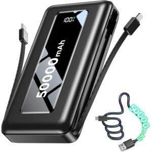 便携式充电器、移动电源 50000mAh、内置数据线的超高容量电池组、22.5W 快速充电、LED 显示屏、手电筒、户外露营必备旅行、iPhone 和三星、Onyx -63%