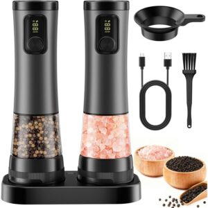 Electric Salt and Pepper Grinder Set - Rechargeable Salt Grinder with Led Power Display - Automatic Pepper Grinder with Storage Base - Pepper Mill with Light for Kitchen  -54%